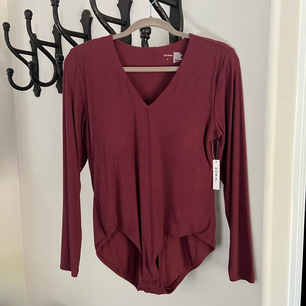 Soma Ribbed Big Cab Long-Sleeve V-Neck Bra Bodysuit Large NWT
